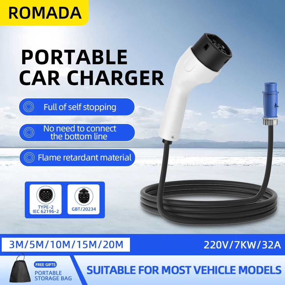 Portable Ev Charger 32A Type 2 Cee Plug - ROMADA Type2 IEC62196-2 pour véhicule électrique
